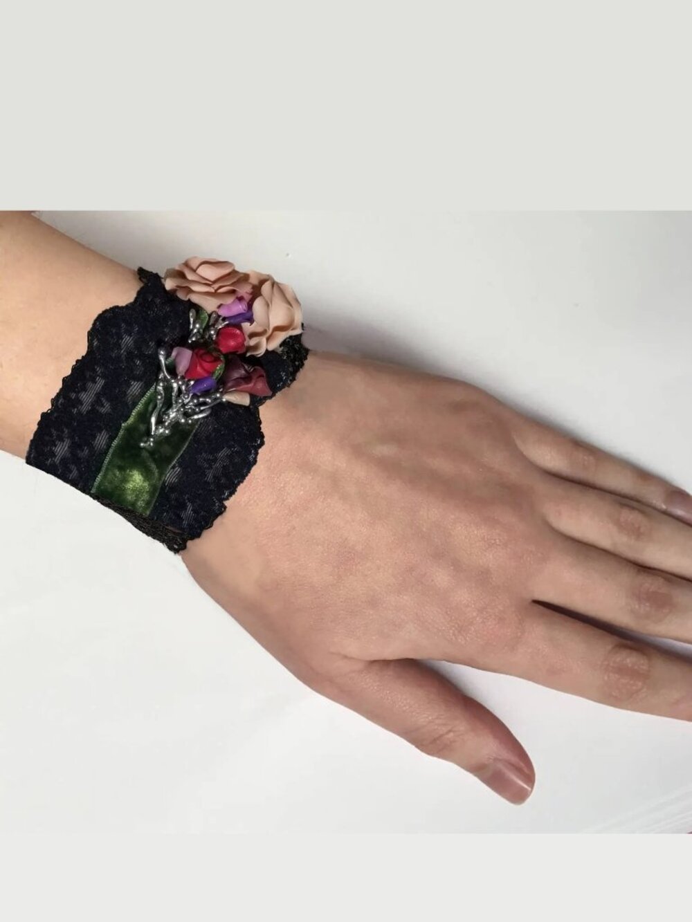 Unique Black Lace Corsage Bracelet with Silver and Floral Embellishment Handmade
